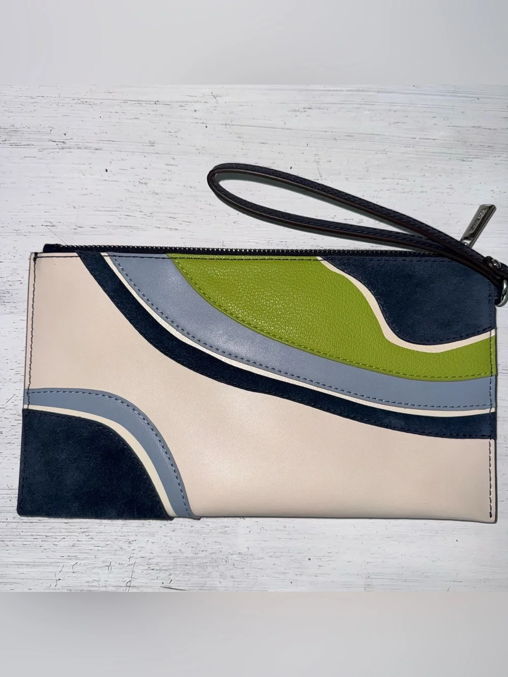Michael Kors Jet Set Travel Large Patchwork Wristlet Green and Blue Suede Wave